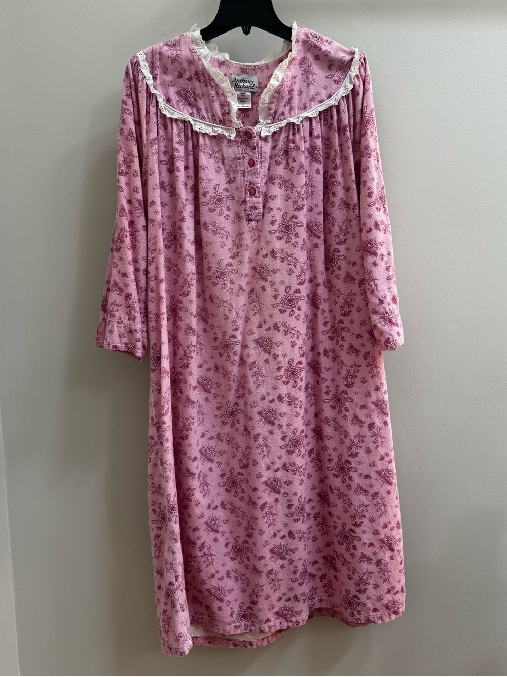 Anthony Richards Pink Floral Nightgown with Lace Trim Collar Size L